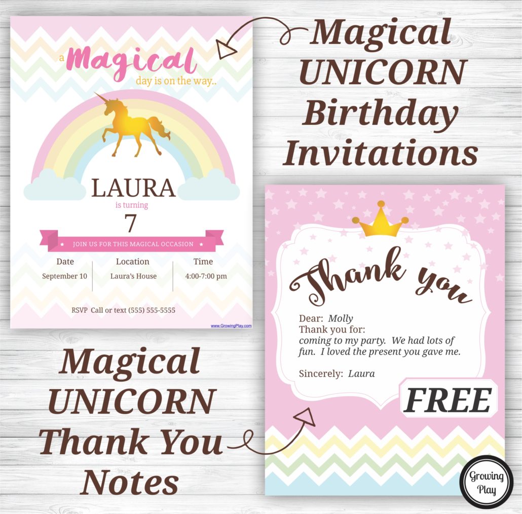 Unicorn Birthday Party Invitations and Thank You Notes - FREE - Growing Play