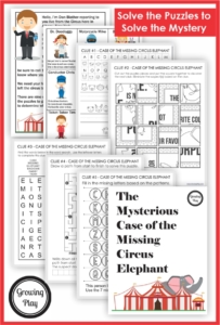 The Circus Worksheets Mystery Puzzle pack asks children to solve The Mysterious Case of the Missing Elephant.  Use the five clues to solve why the elephant left the circus.