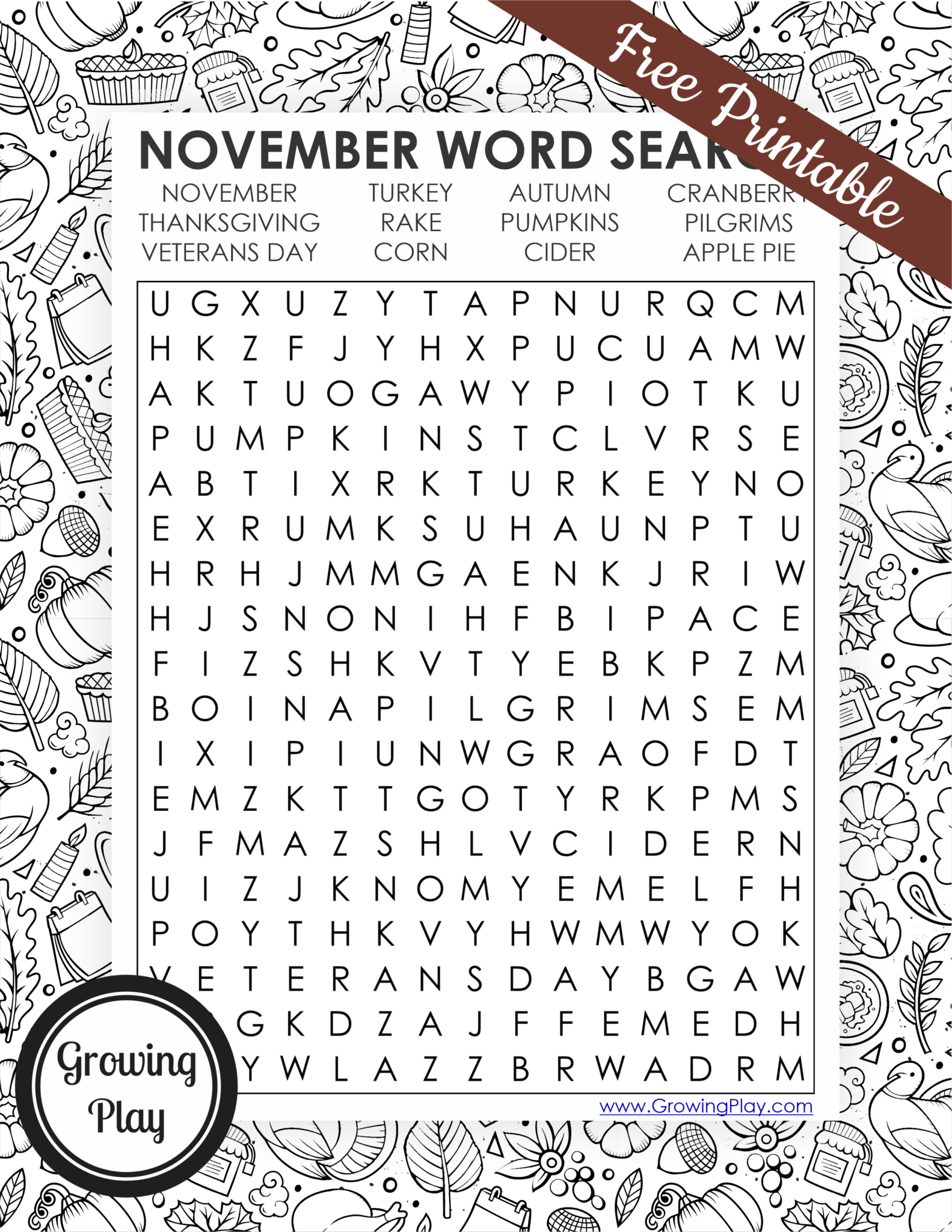 November Word Search Free Printable
