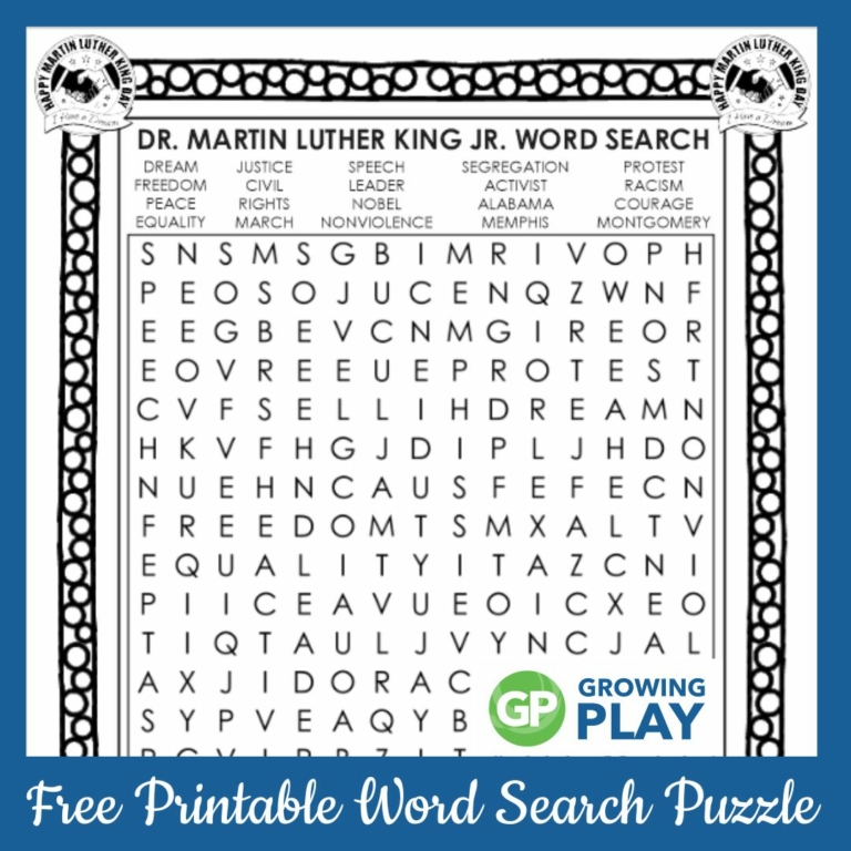 Martin Luther King Word Search Free Printable Growing Play